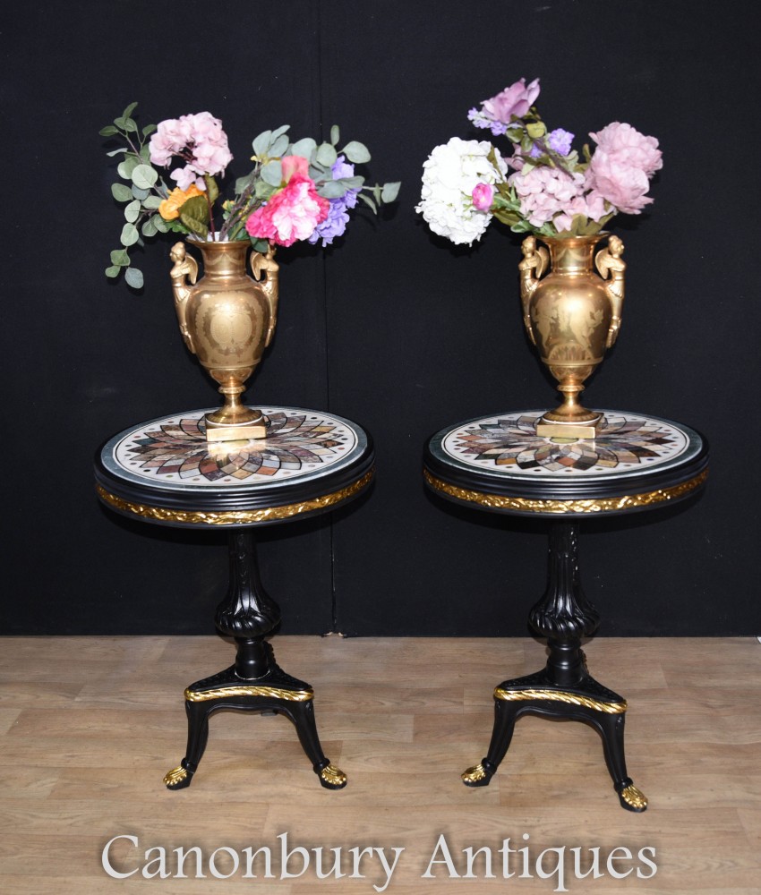 Pair Lacquer Side Tables Pietra Dura Marble Top French