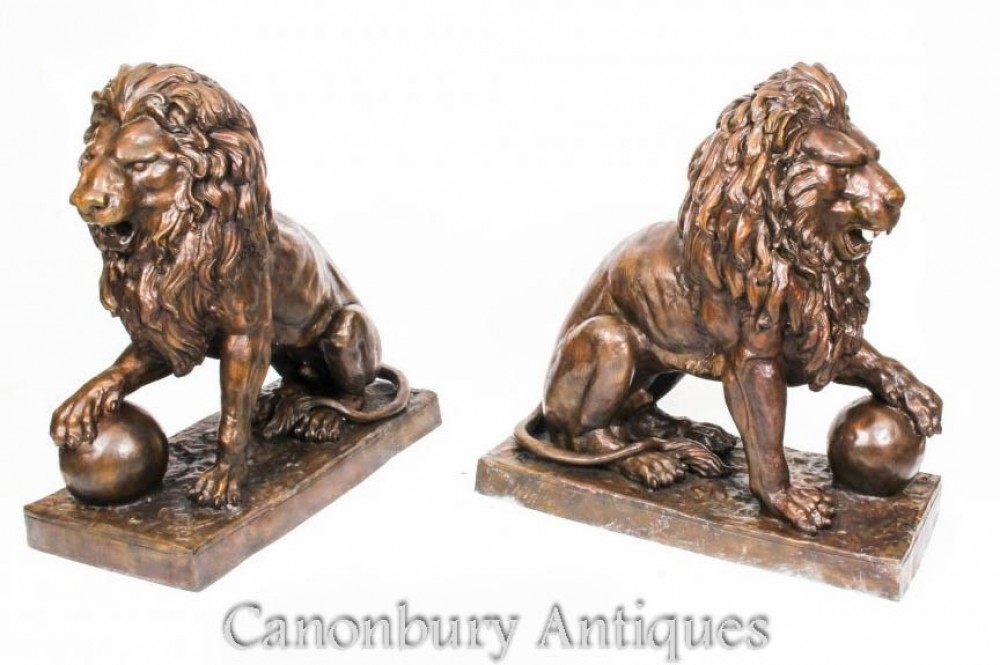 Pair Large Bronze Lion Statues - Medici Gatekeeper Lions