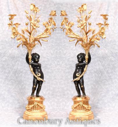 Pair Bronze Candelabras - Large French Cherub Manner Clodion