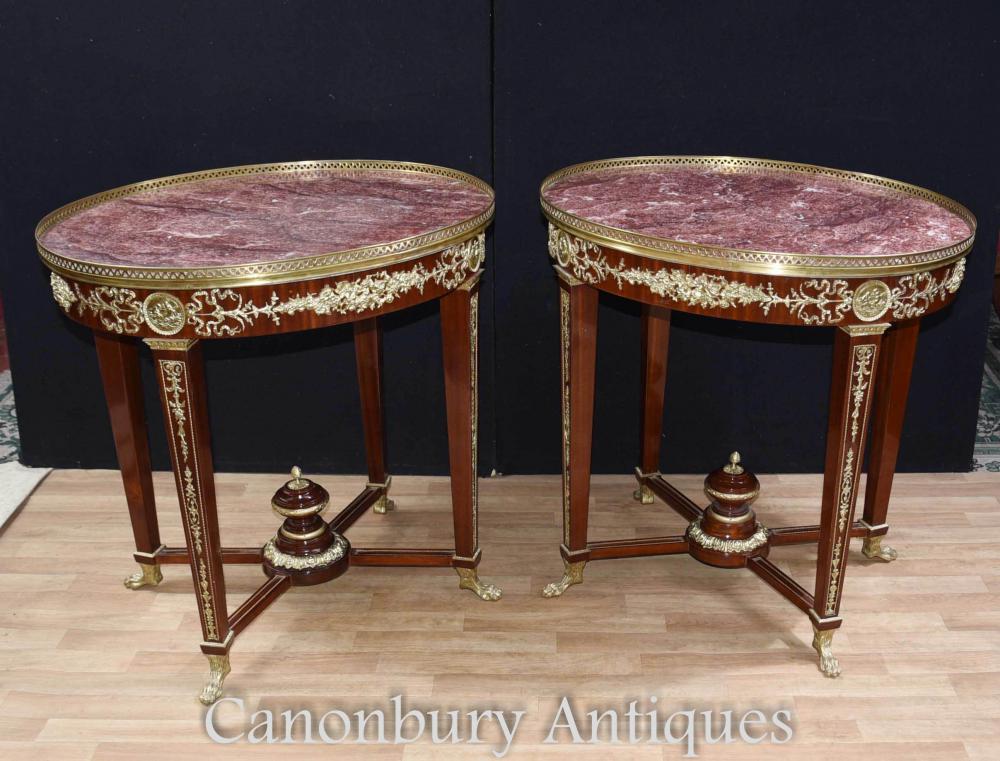 Large French antique side tables with marble tops