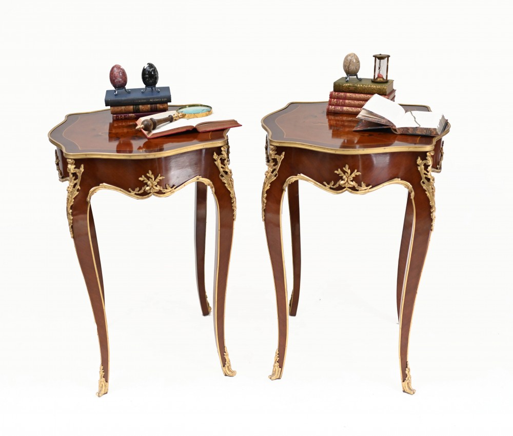 Pair Louis XVI Cocktail Tables Marquetry Inlay French Sides