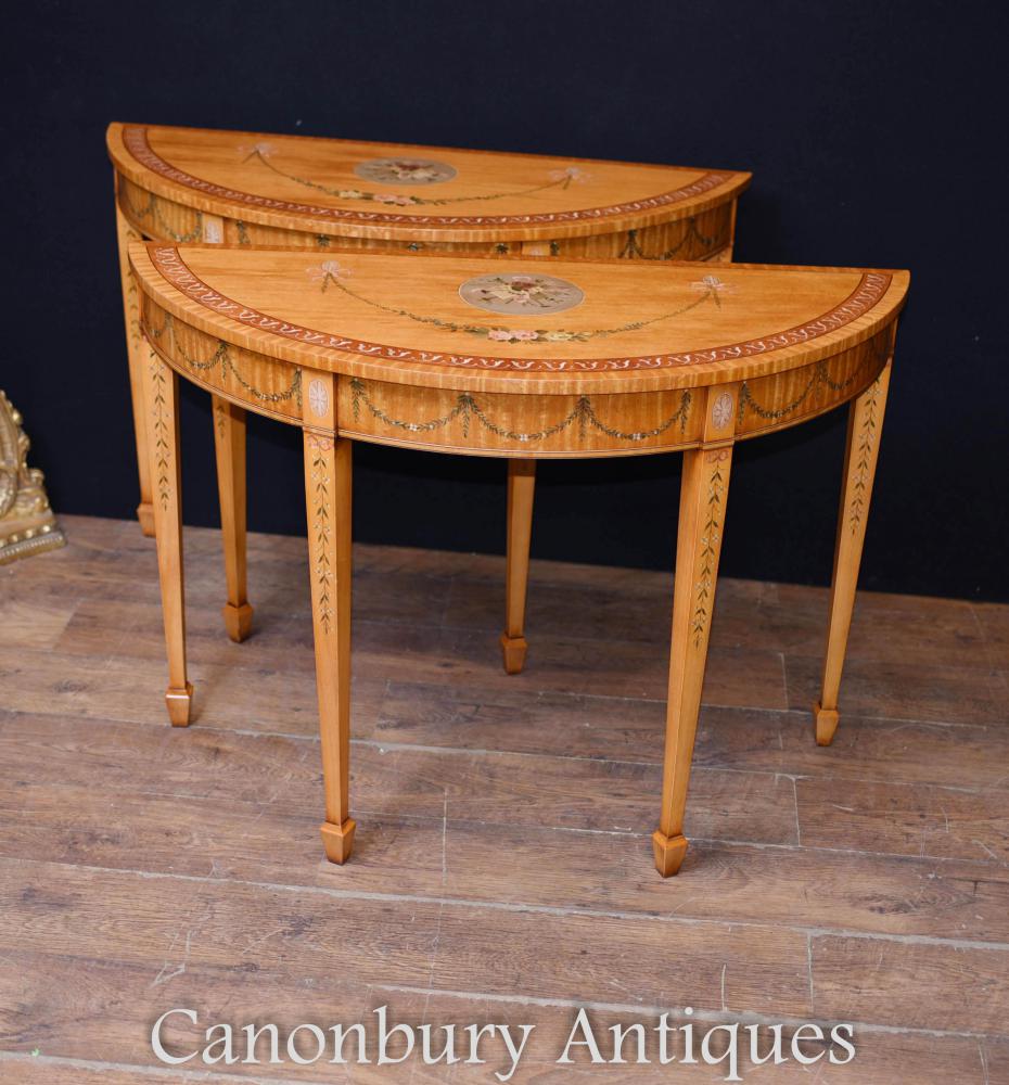 Pair Painted Half Round Console Tables - Adams Satinwood