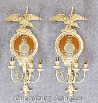 Pair Swedish Sconces - Painted Eagle Wall Placque Lights