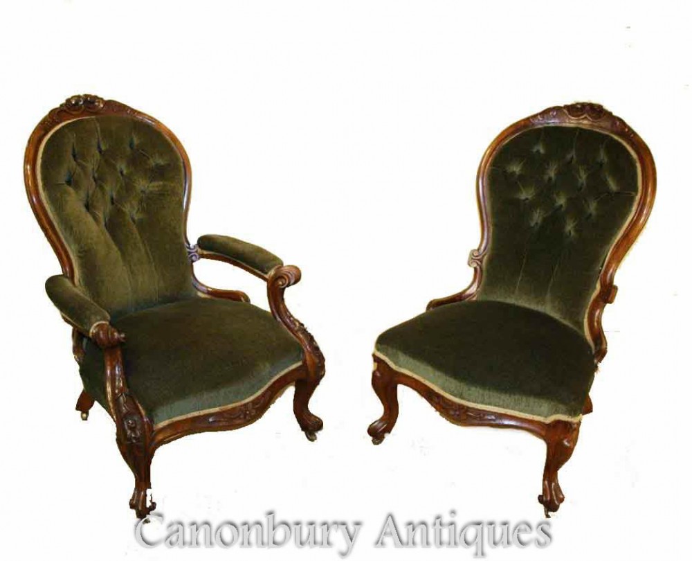 Pair Victorian His and Hers Arm Chairs Velvet - Salon Chair Antique 1880