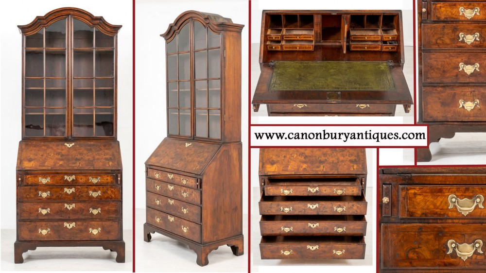 Queen Anne Bureau Bookcase - Antique Walnut Cabinet 18th Century