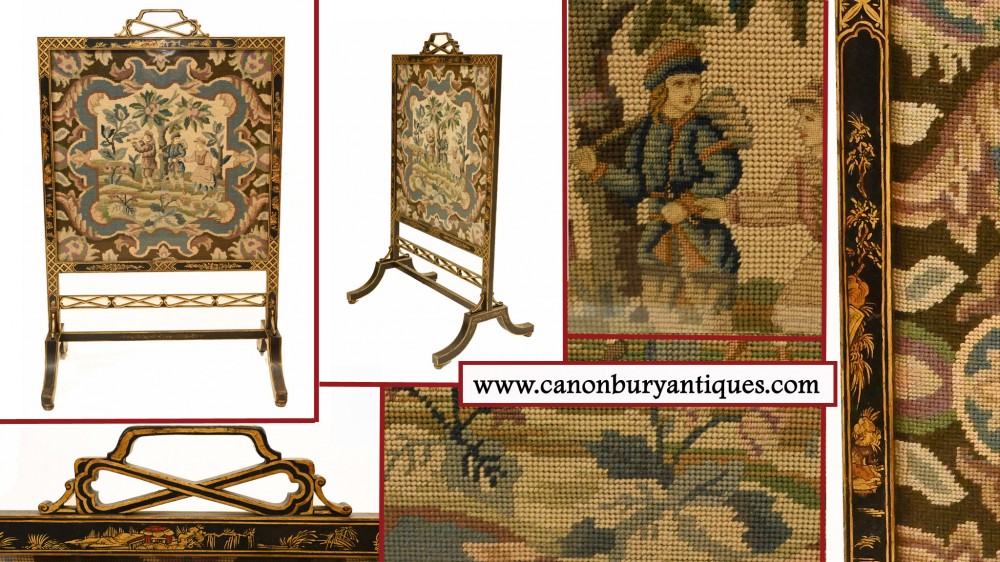 Regency Chinoiserie Lacquer Screen Tapestry Guard 1840