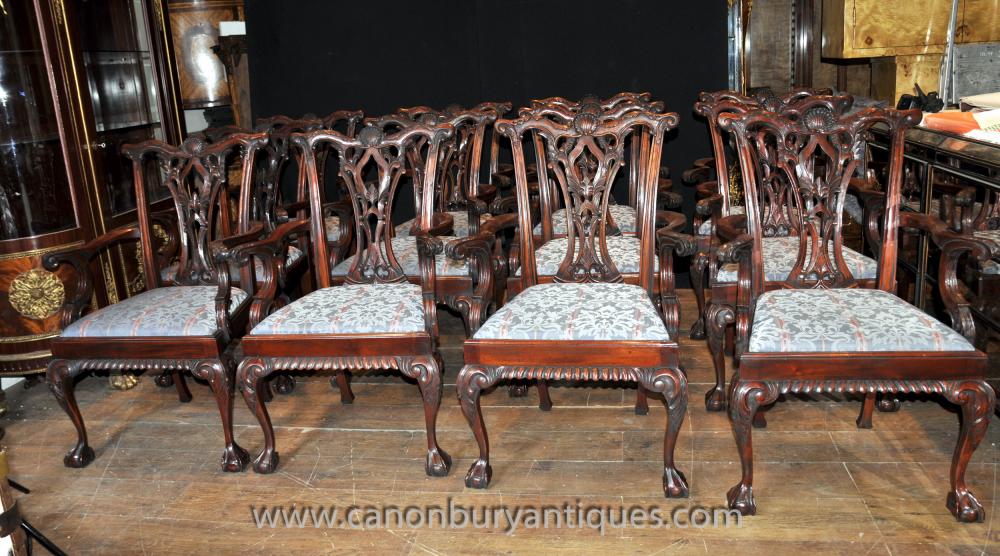 Set 12 Chippendale Mahogany Arm Chairs Dining Chair