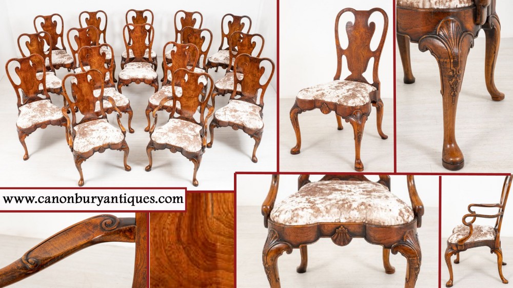Set 16 Queen Anne Dining Chairs Elm Antique