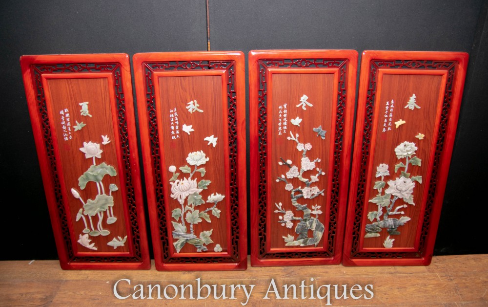 Set Chinese Panels Placques - Hardwood Soapstone Floral Decoration