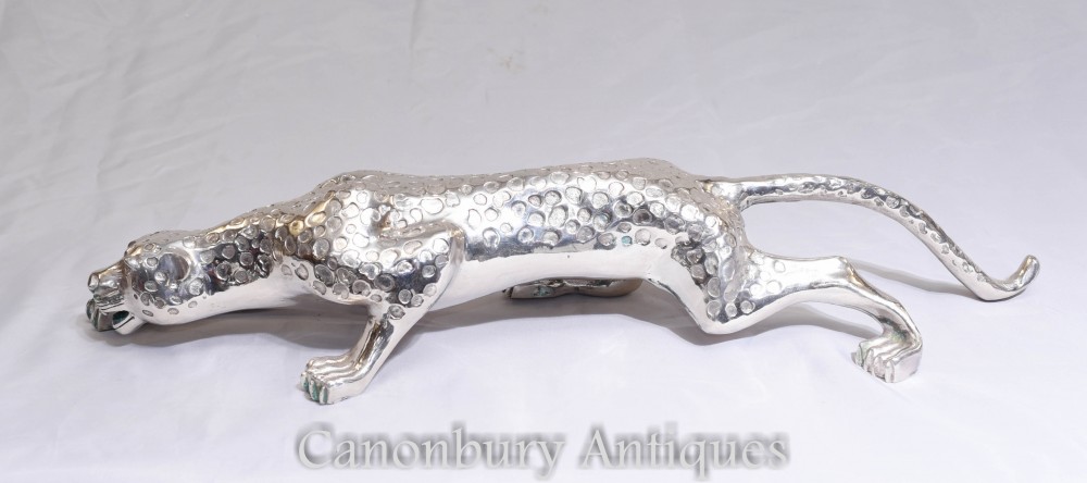 Silver Bronze Leopard Statue - Art Deco Cat Casting