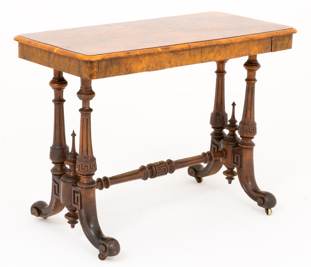 Victorian Library Table Desk - Burr Walnut Stretcher Circa 1860