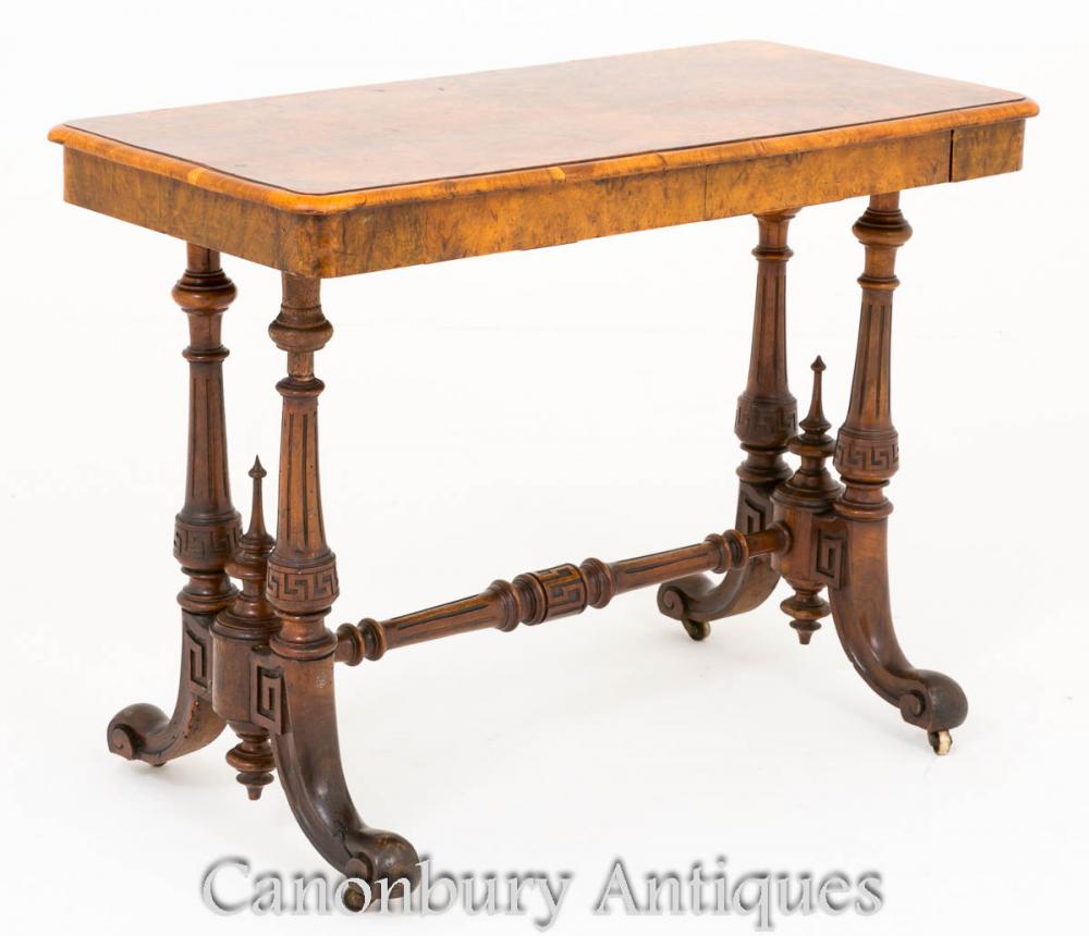 Victorian Library Table Desk - Burr Walnut Stretcher Circa 1860