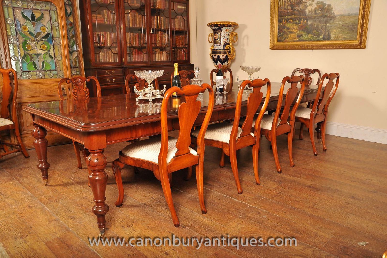 Lovely walnut Victorian dining tables and set of Queen Anne chairs to match