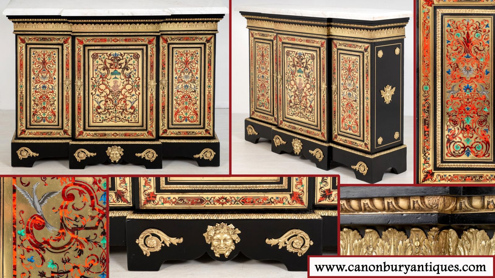 French Boulle Cabinet - Marquetry Inlay Antique Sideboard Serve
