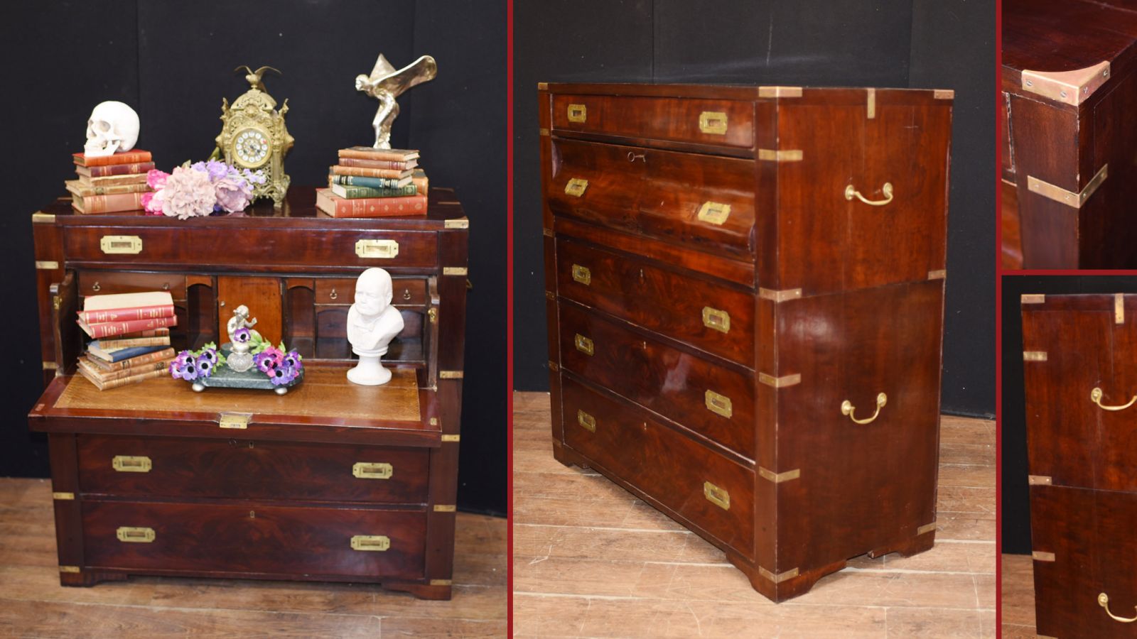 Chest of drawers and campaign desk secretaire