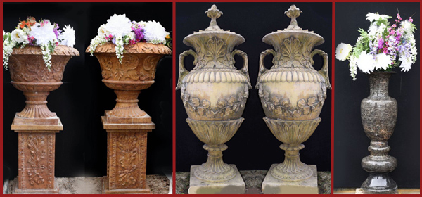 Stone and terracotta garden urns