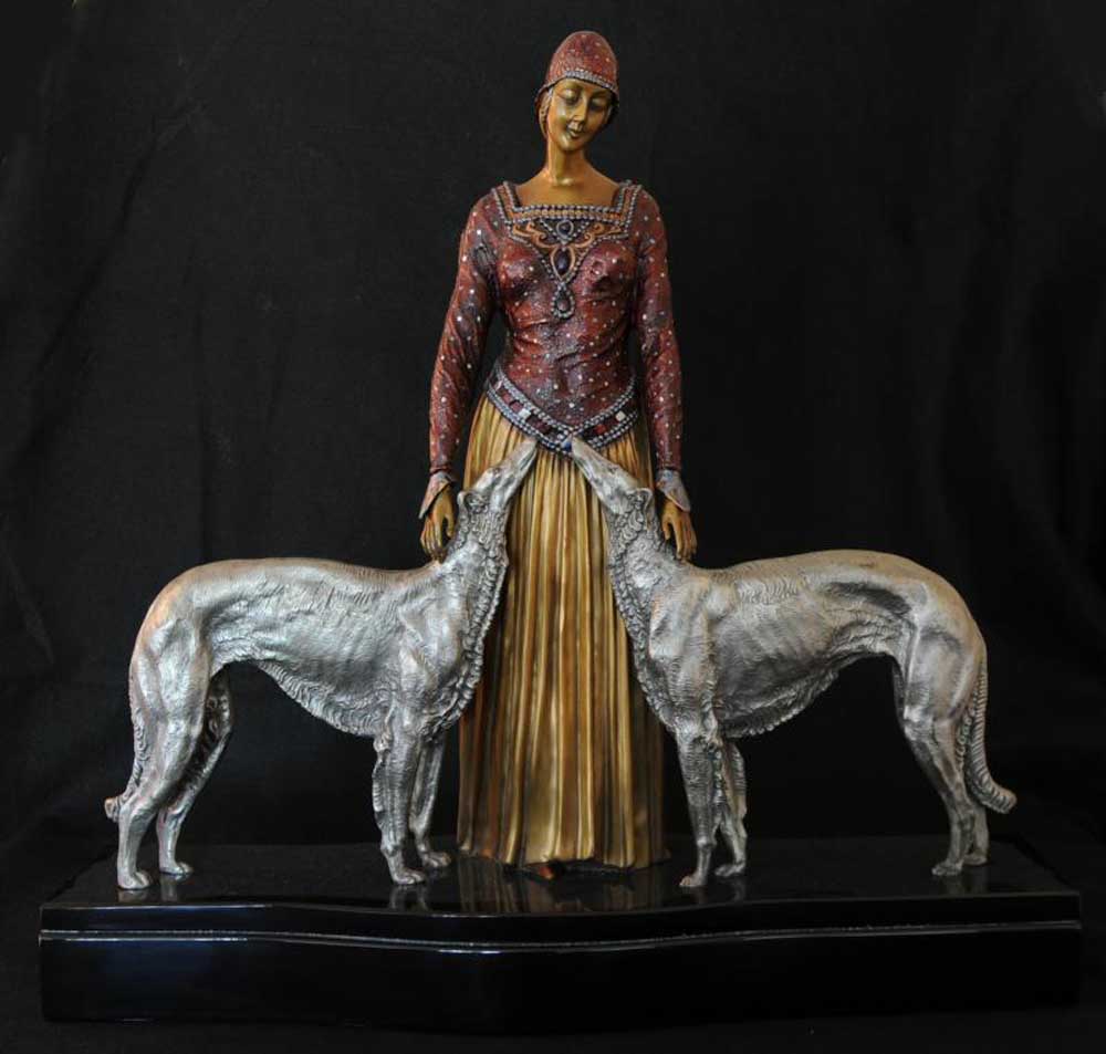 Chiparus Art Deco Bronze Figurine Borzoi Dogs Statue French