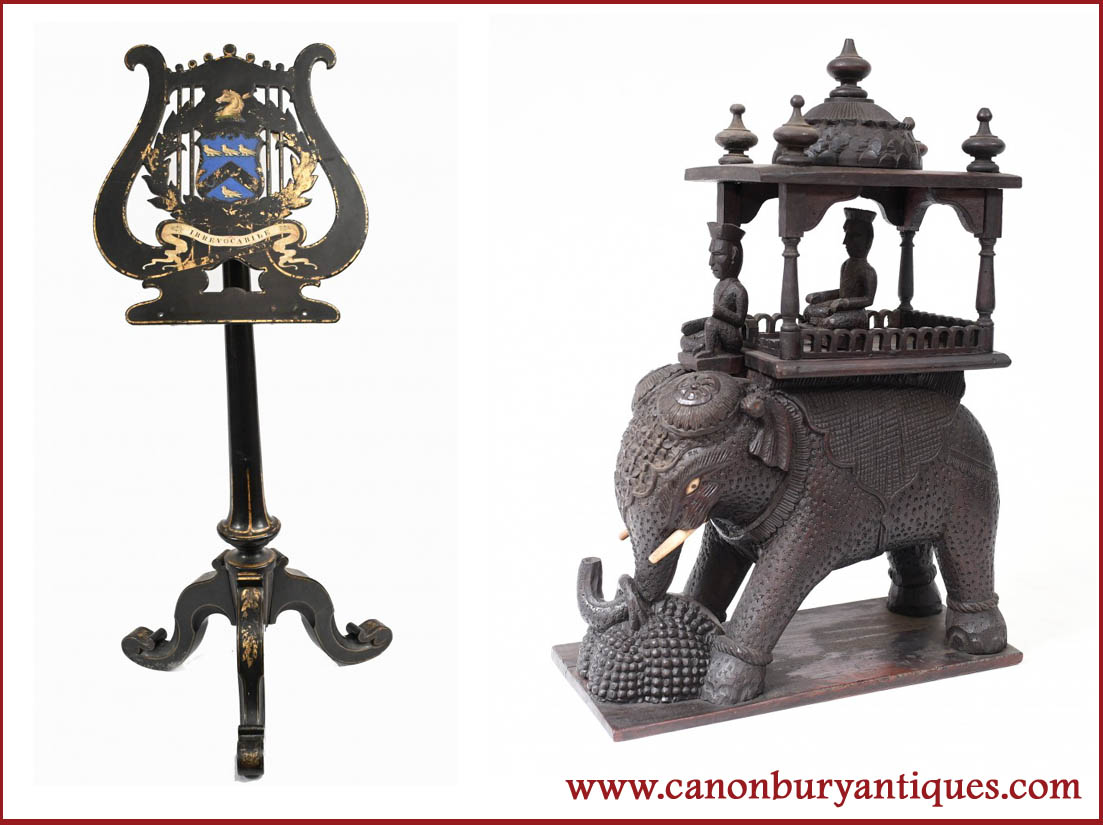 Drew's purchases - lacquered music stand and hand carved  Burmese elephant.