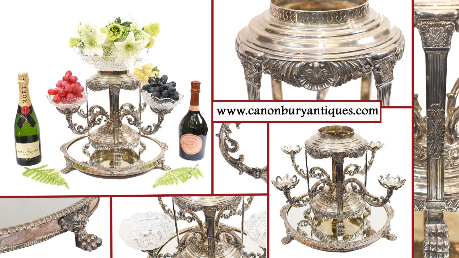 Silver Plate epergne styled with champagne, grapes and flowers