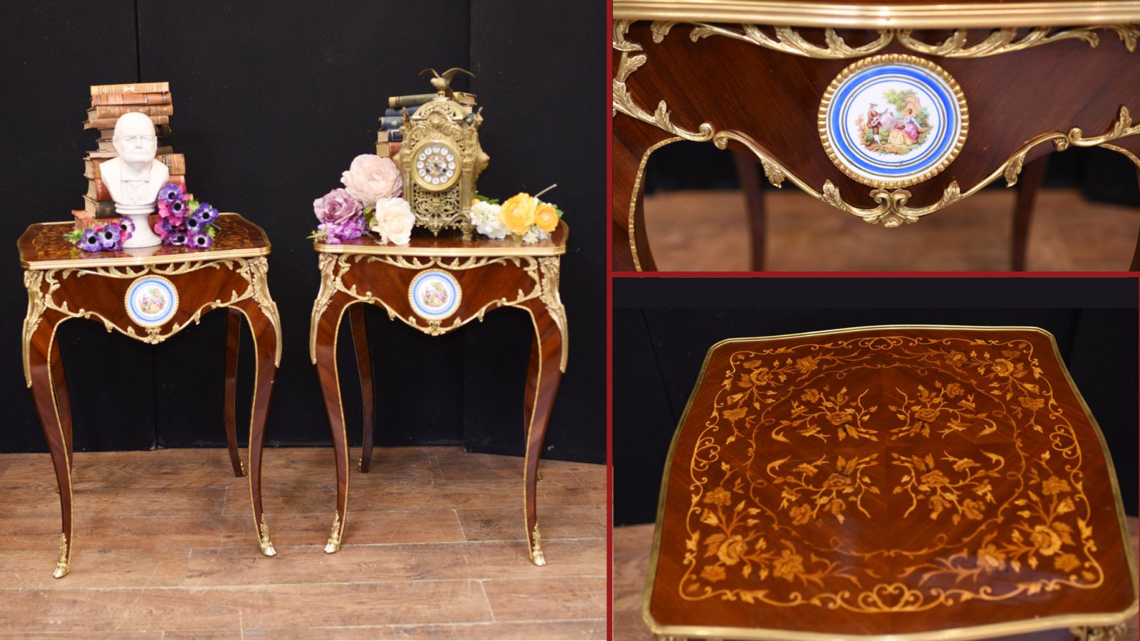 Pair French Side Tables - Porcelain Plaques Marquetry Inlay