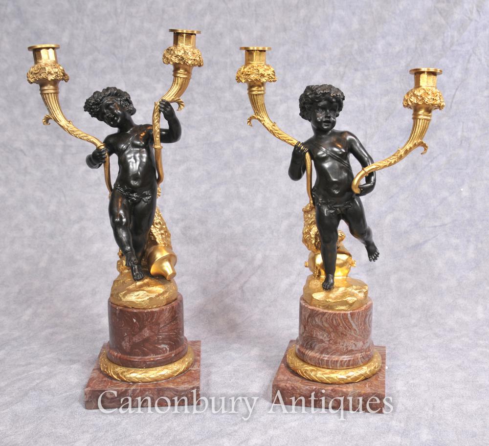 Pair Cherub Bronze Candelabras Candles French Clodion