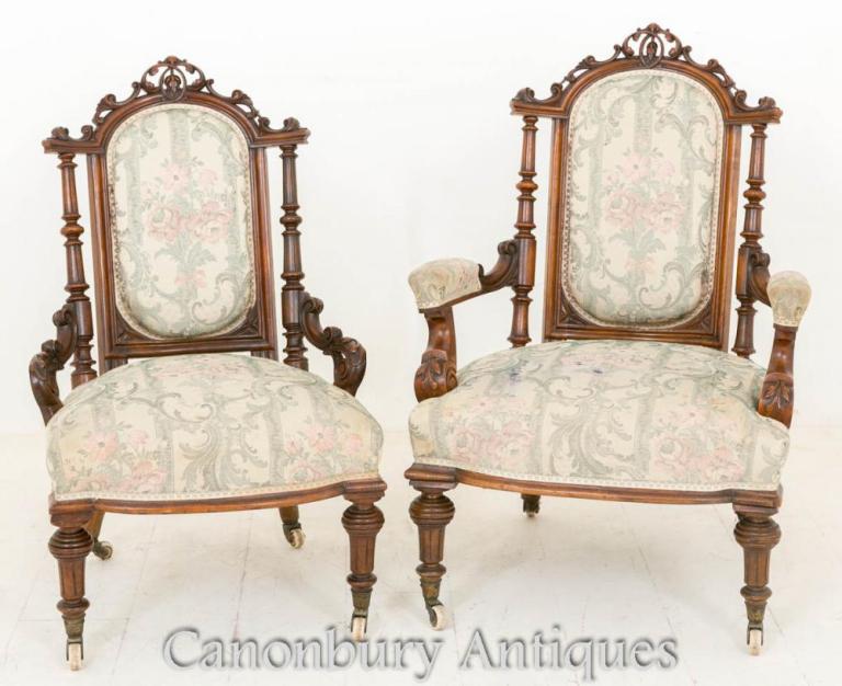 Pair of Victorian Walnut His and Hers Salon Chairs. Circa 1860