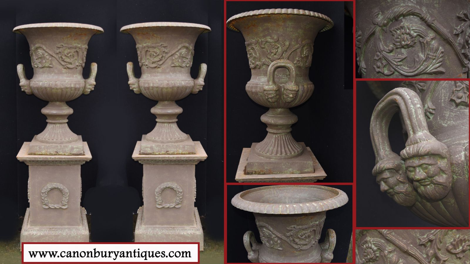 Pair Cast Iron Garden Urns Campana English Pedestal