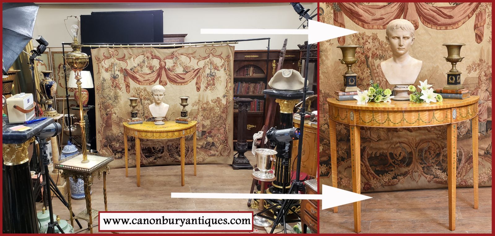 The tapestry backdrop worked wonders with the classically inspired console table