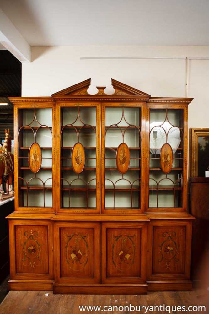 Satinwood Regency Breakfront Bookcase Sheraton Furniture