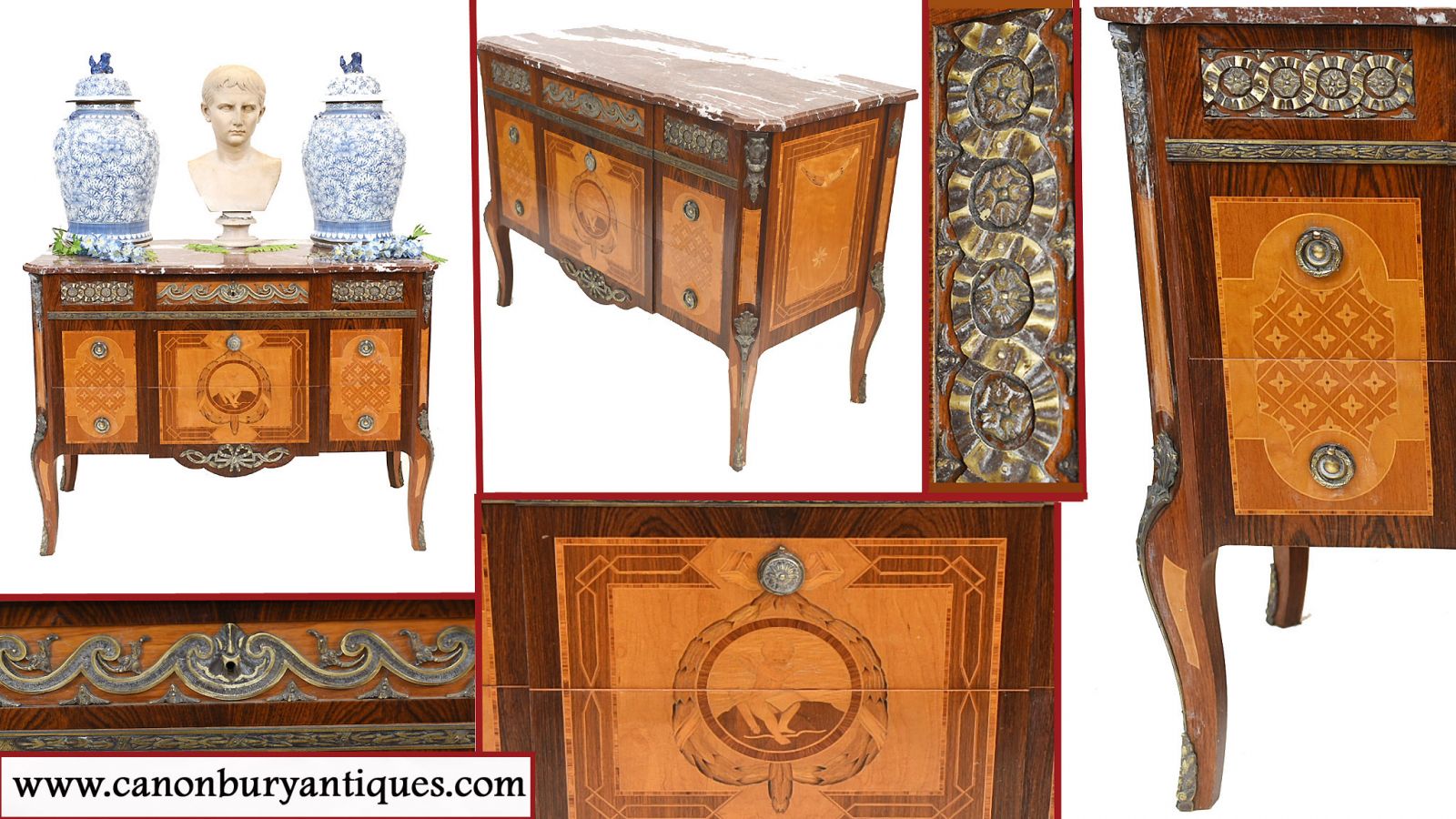 Scandanavian sideboard style with marble Hermes bust and Chinese blue and white urns