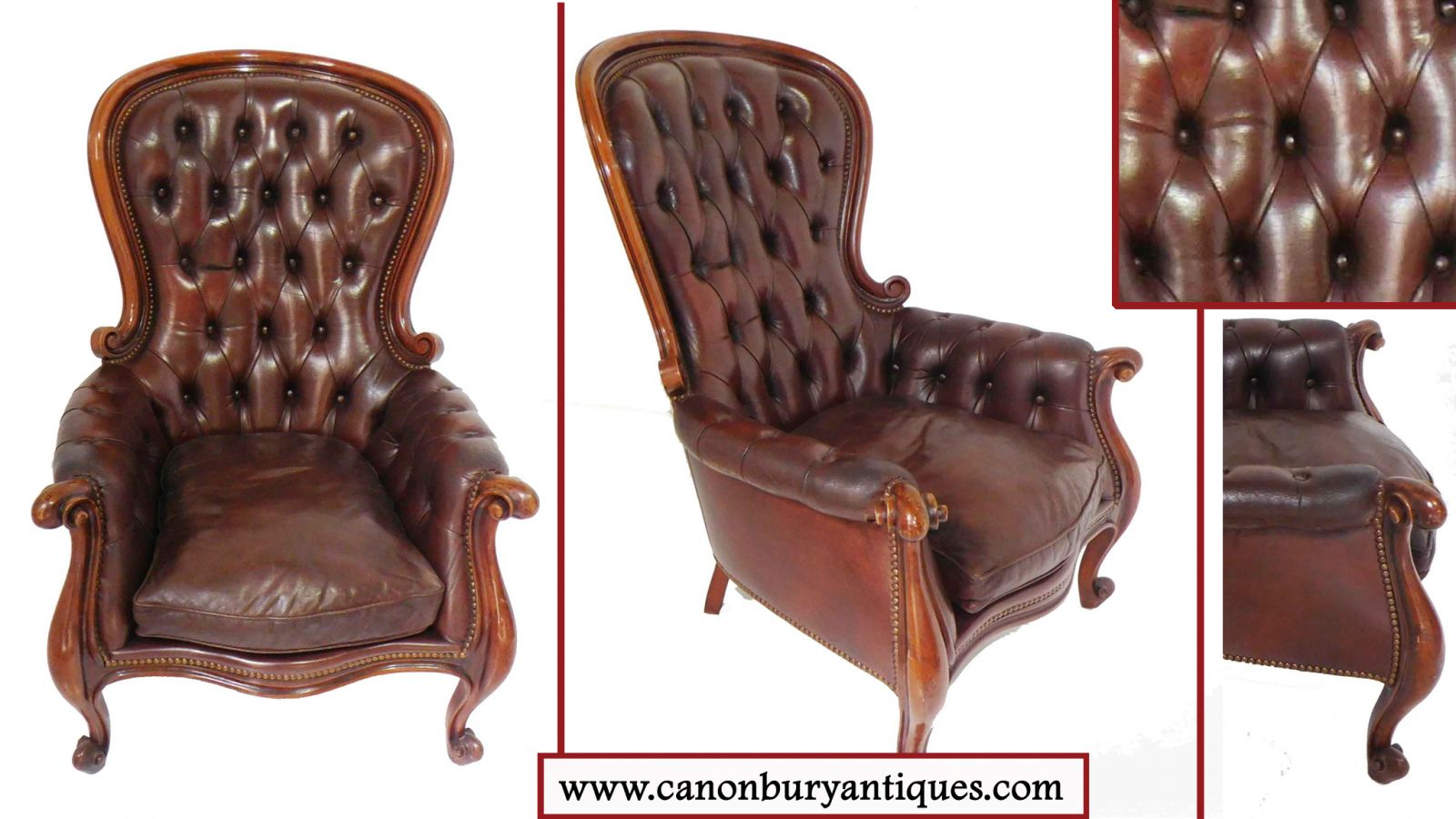 Victorian Balloon Back Arm Chair - Leather Seat Deep Button 1880