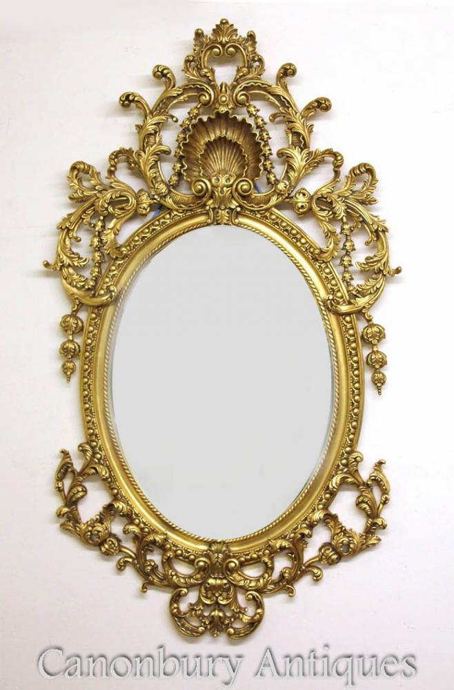 Large French Louis XVI Rococo Oval Mirror Gilt Frame