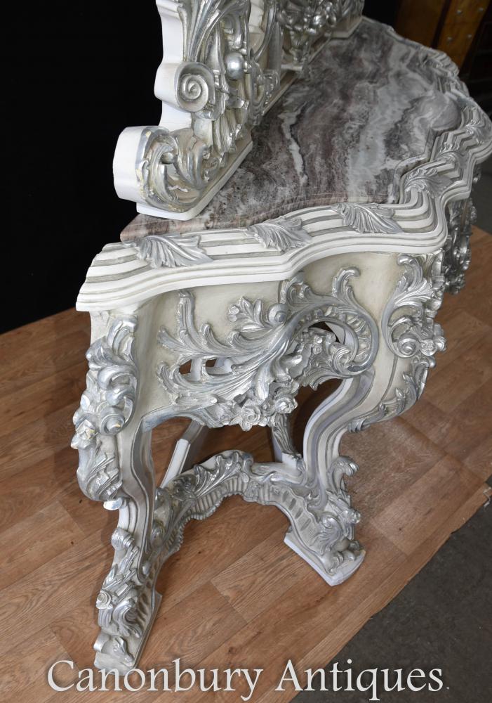Painted Italian Rococo Silver Gilt Console Table and Mirror Set