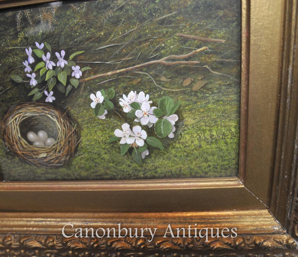 Pair Victorian Easter Egg Nest Spring Still Life Oil 