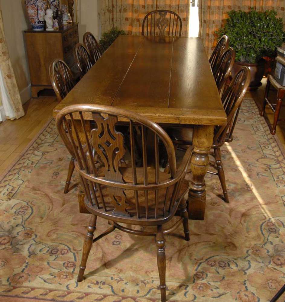 English Oak Refectory Table &amp; 8 Windsor Chair Dining Set