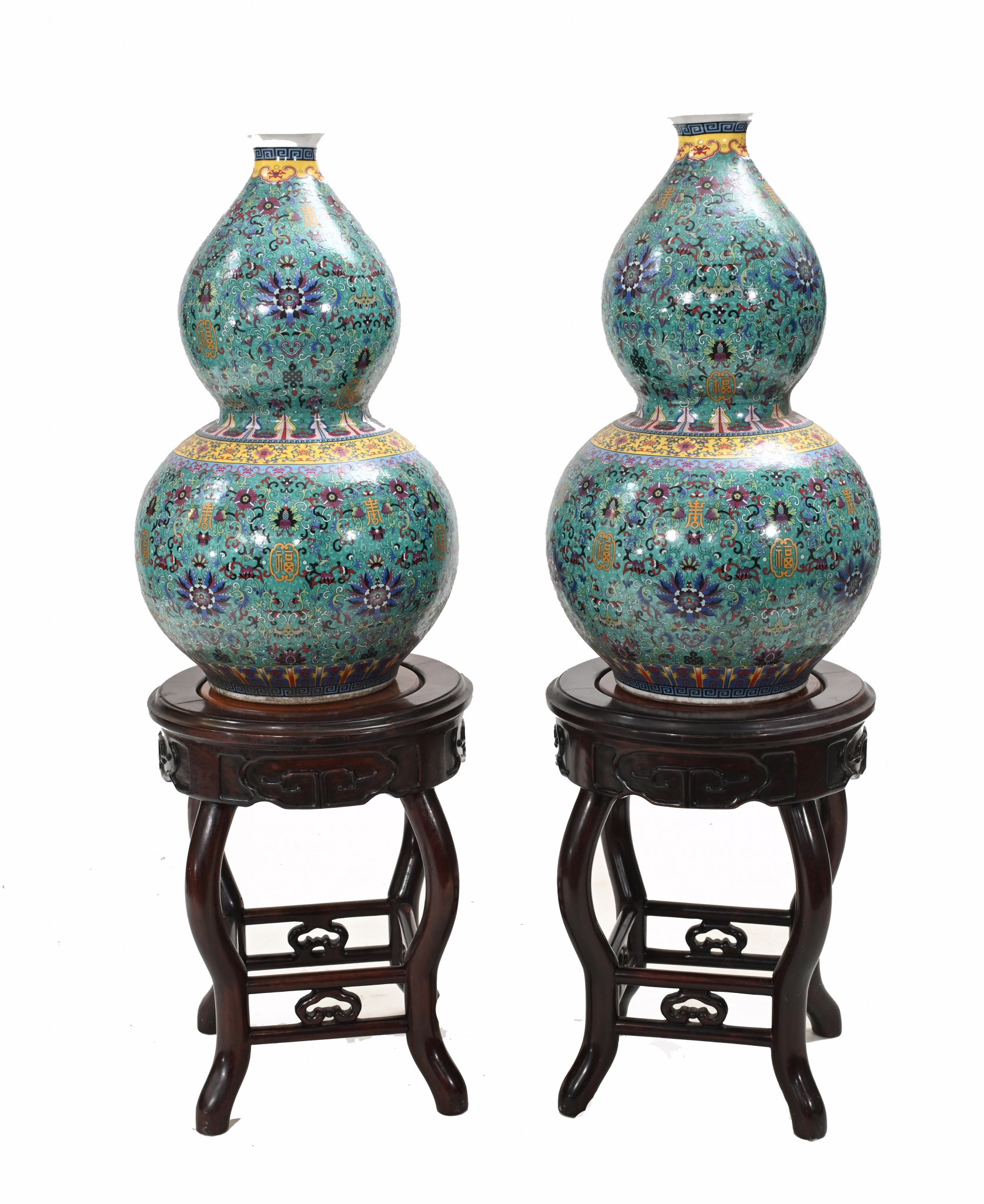Pair Chinese Porcelain Wucai Vases Urns Double Gourd Arabesques