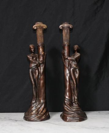 Pair French Art Nouveau Bronze Candle Sticks Candelabras