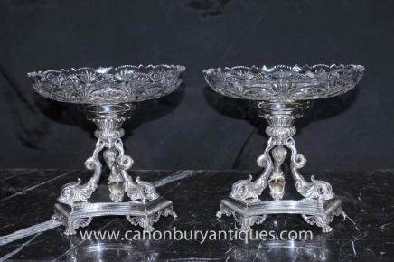 Pair Sheffield Silver Plate Dolphin Epergnes Glass Dish Tureen
