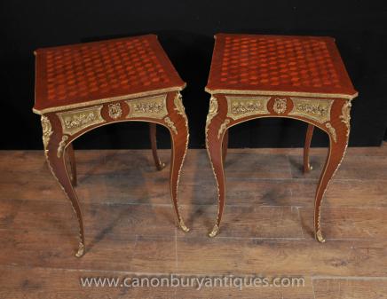 Pair French Empire Side Tables Parquetry Inlay Ormolu