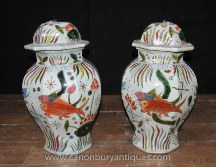 Pair Chinese Ming Ginger Jars  - Porcelain Lidded Pots Urns Goldfish