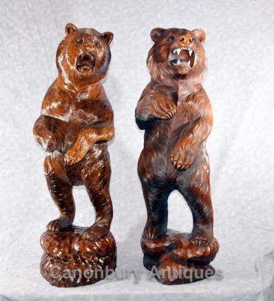  Pair German Black Forest Hand Carved Brown Bears Bear Statue