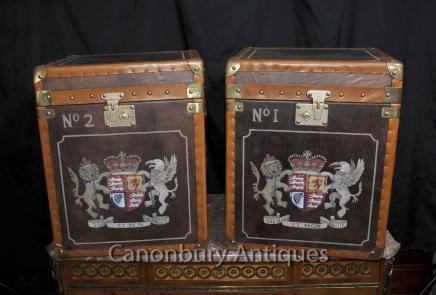 Pair Leather Steamer Trunk Side Tables Boxes Luggage Case