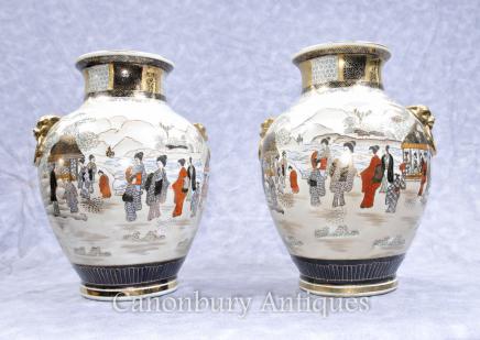 Pair Japanese Satsuma Porcelain Vases Urns Hand Painted