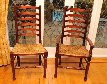 Set Oak Ladder Back Chairs - 8 Rustic English Ladderbacks