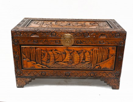 Antique Chinese Chest Luggage Box Carved Camphor Wood