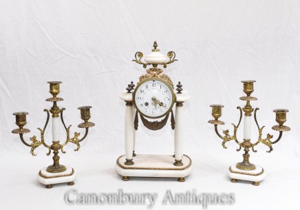 Antique Mantle Clock Marble Candelabras Garniture 1890
