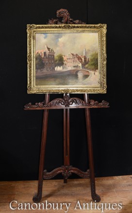 Antique Oil Painting Bruges River Scene Belgian