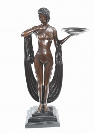 Art Deco Bronze Biba Figurine Semi Nude Female Tray Statue