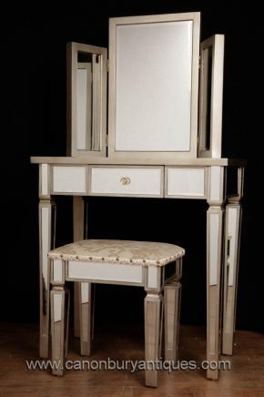 Art Deco Mirrored Dressing Table Stool Set Bedroom Furniture