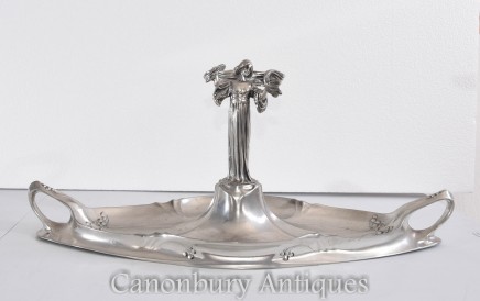 Art Nouveau Centrepiece - Pewter Maiden Tray Epergne Silver 1930s